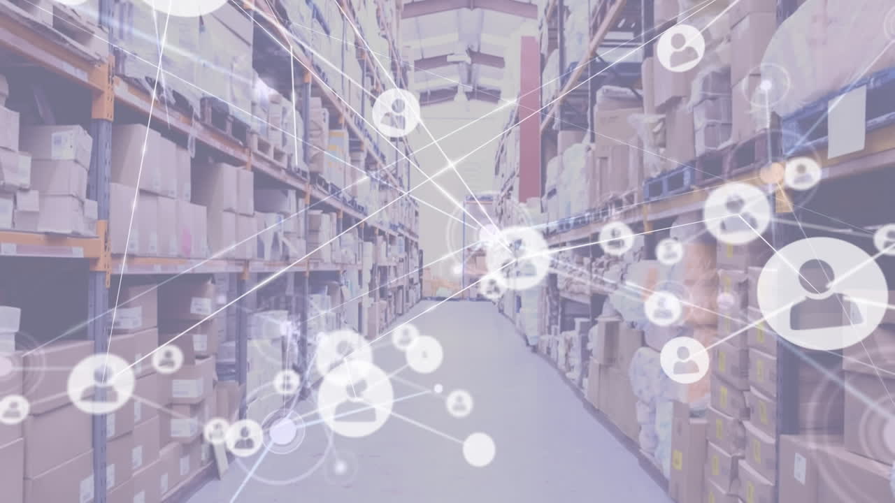 배경에서 창고 위에 연결된 아이콘과 점의 애니메이션