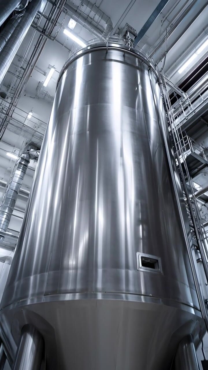 Low-angle movement travels upward along a polished metal vessel, shifting from its conical lower section toward the tall cylinder beneath exposed ducts, pipework, railings, and bright indoor lighting.