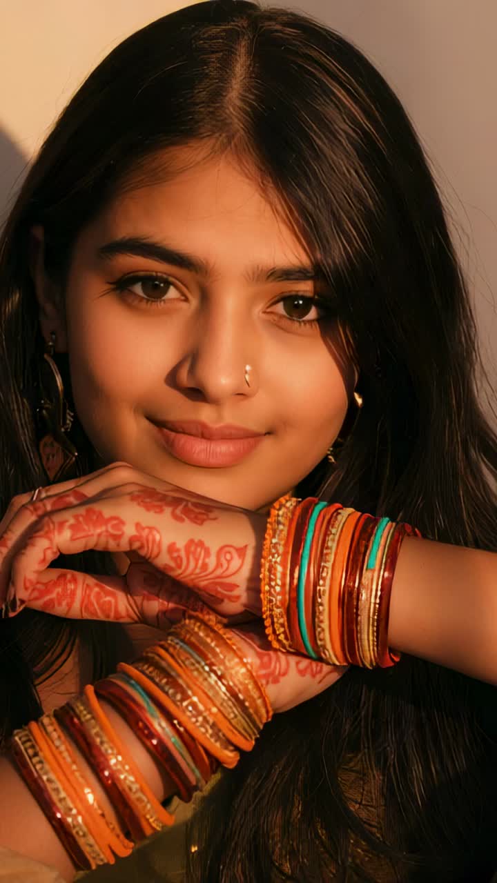 Verticale video: Poserende Indiase model in studiocabine, armen gekruist bij kin die mehndi en armbanden toont