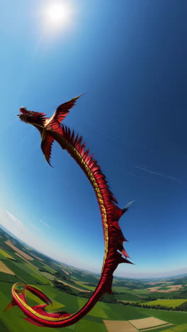 dragon kite soaring above fields