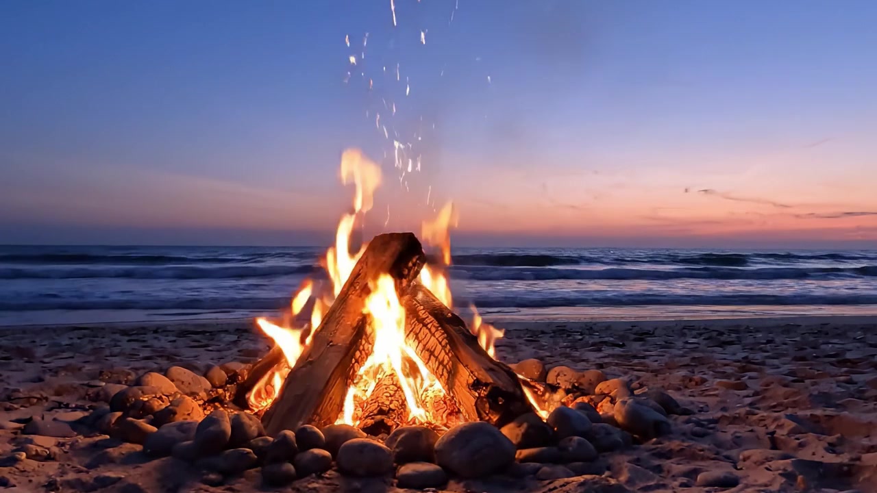 Una serata tranquilla in riva al mare: fiamme affascinanti danzano tra le rocce mentre le onde lambiscono dolcemente la spiaggia durante un tramonto mozzafiato.
