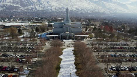 mount timpanogos mormon temple in utah, aerial drone pullback