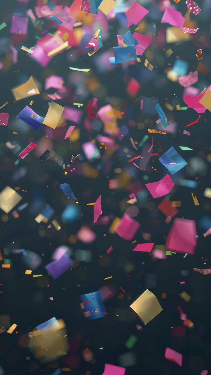 Video verticale: coriandoli colorati che cadono dall'alto e ruotano in uno studio buio, riflessi metallici