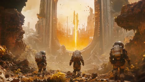 astronauts explore a portal to a sci-fi city