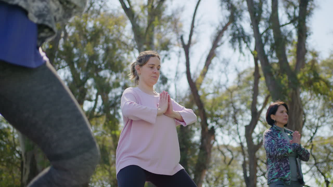 공원에서 요가를 연습하는 여성들