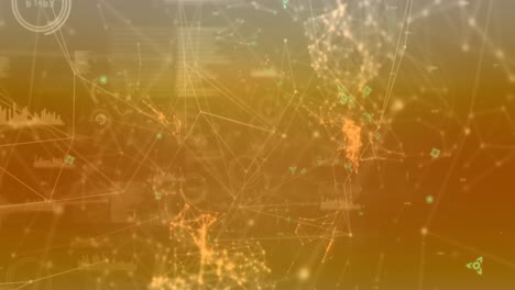 animación de la red de conexiones y procesamiento de datos contra un fondo de gradiente naranja.