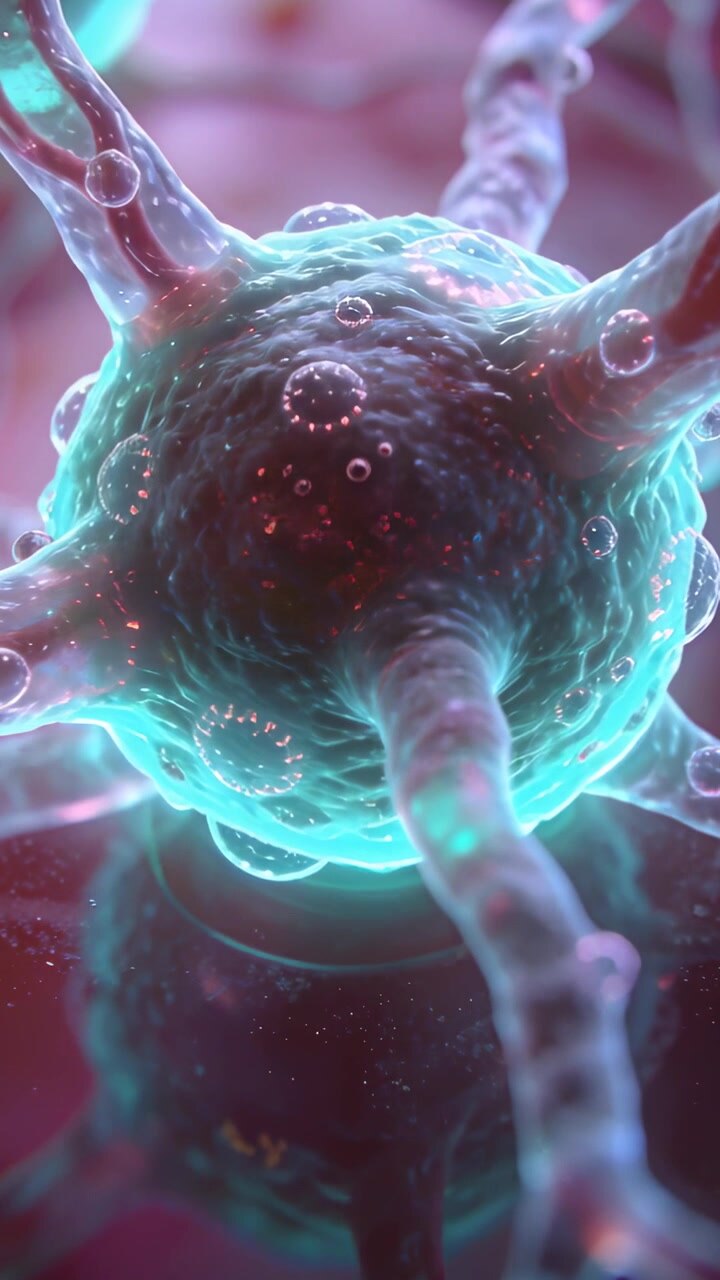 Video verticale: La telecamera si avvicina rivelando la superficie di un neurone centrale in vista microscopica, bordo ciano