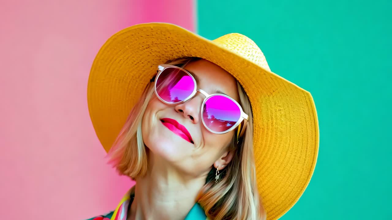 노란 모자와 선글라스를 입은 여자