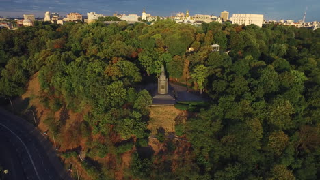 aerial monument prince vladimir in kiev city on green city park