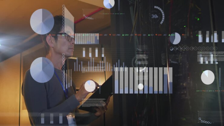 Animation of data processing over asian male it engineer by computer servers