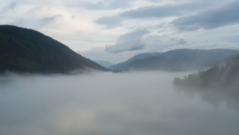 flight over a foggy river. the mist is hanging low over the landscape creating a dark mystical mood over the whole scene.