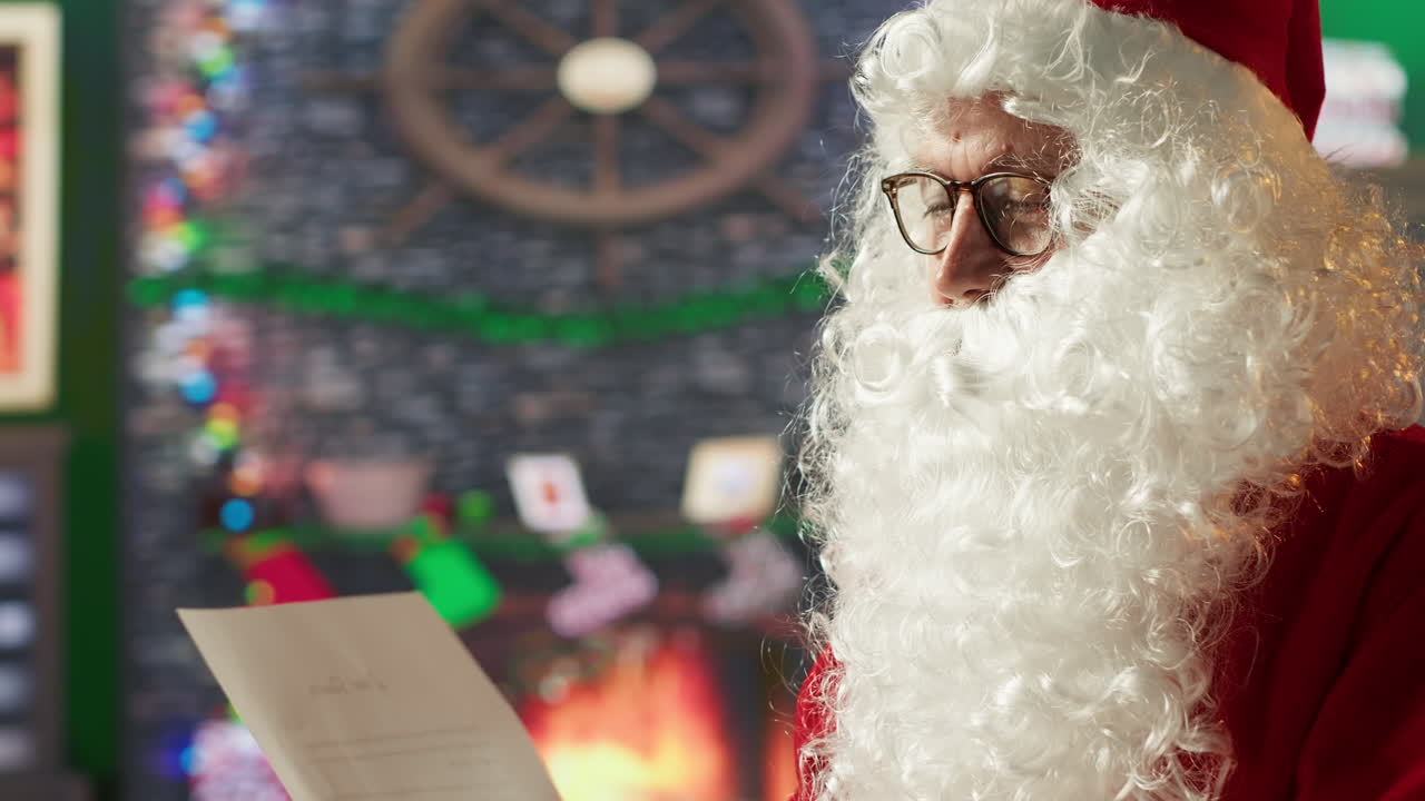 Santa Claus Reading a Letter by the Fireplace