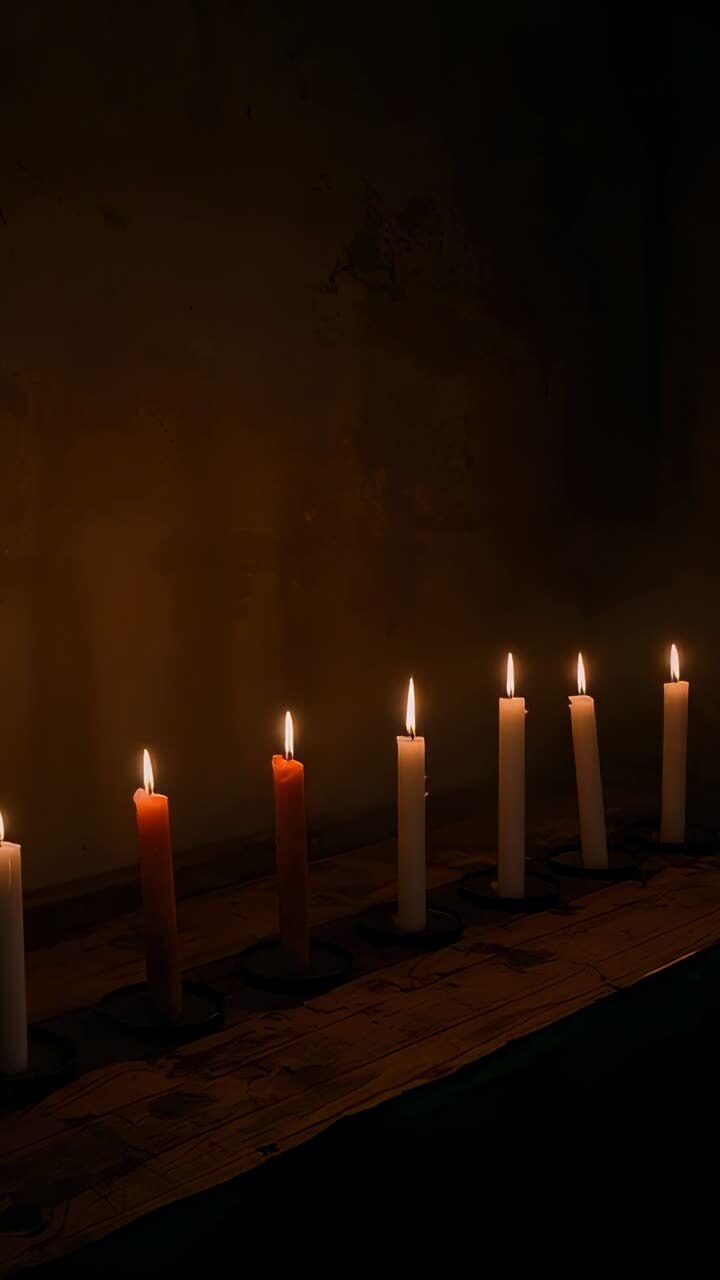 Vertical video: Flickering seven taper candles dripping wax on metal holders on ledge by wall