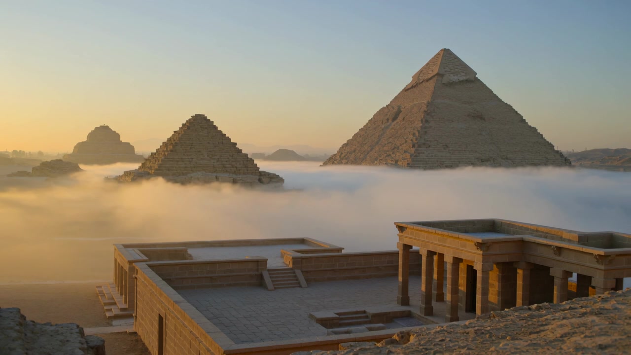 Il sole che sorge rivela antiche piramidi e un complesso di templi su un altopiano roccioso, con la nebbia che si sposta