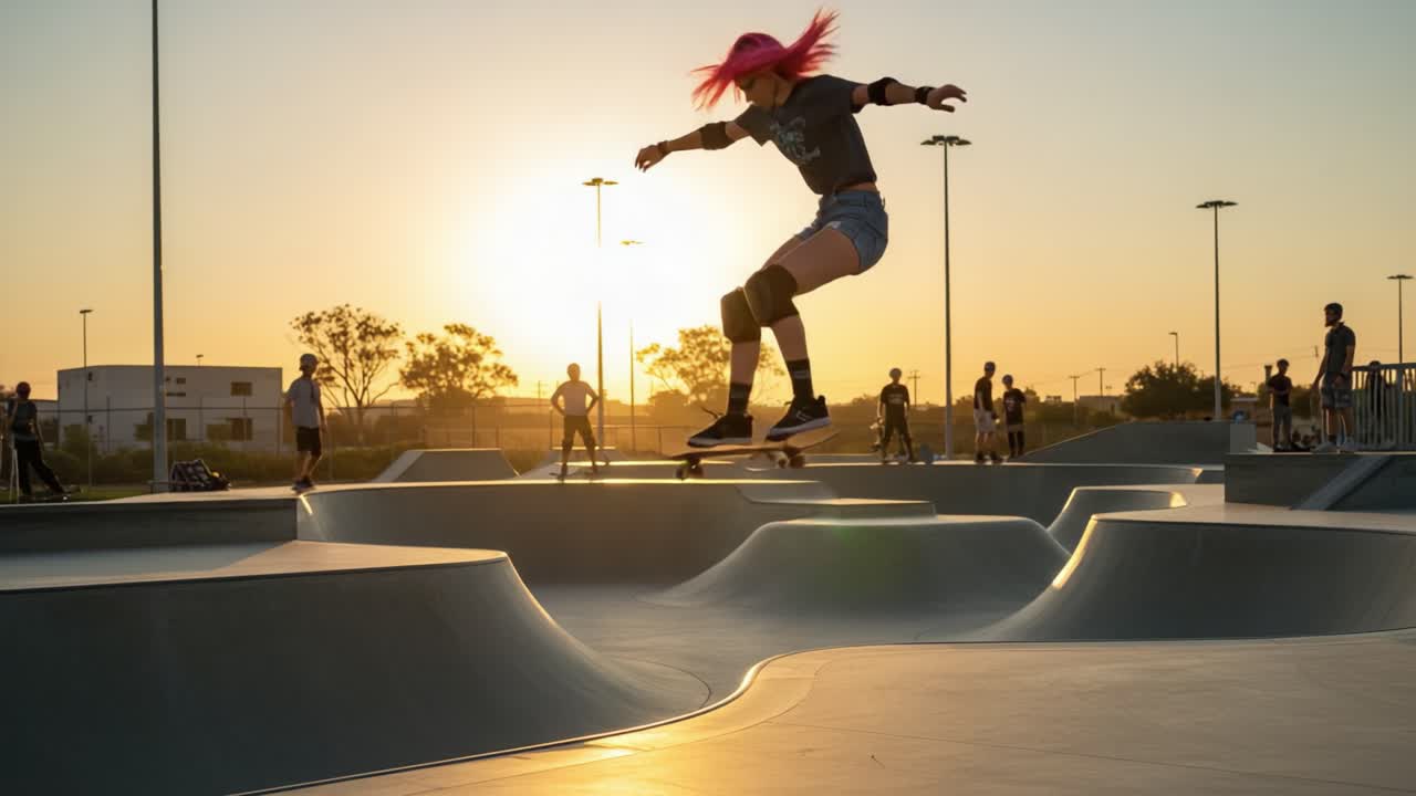 Skateboarder with pink hair performs a trick at sunset in a skate park