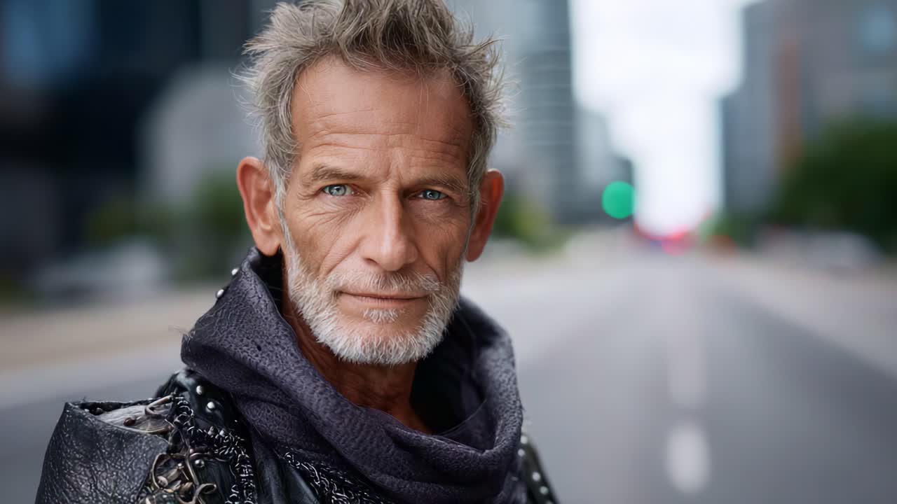 Un uomo maturo e sicuro di sé, con tratti distintivi e un abbigliamento elegante e audace, si erge su uno sfondo urbano sfocato, incarnando saggezza e stile moderno nella sua espressione