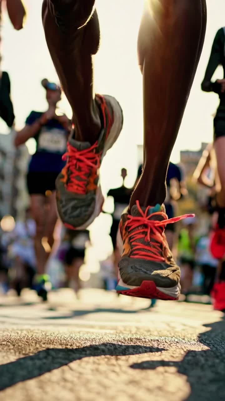 Low-angle shot capturing runners&#039; feet in motion during a marathon, highlighting dynamic movement