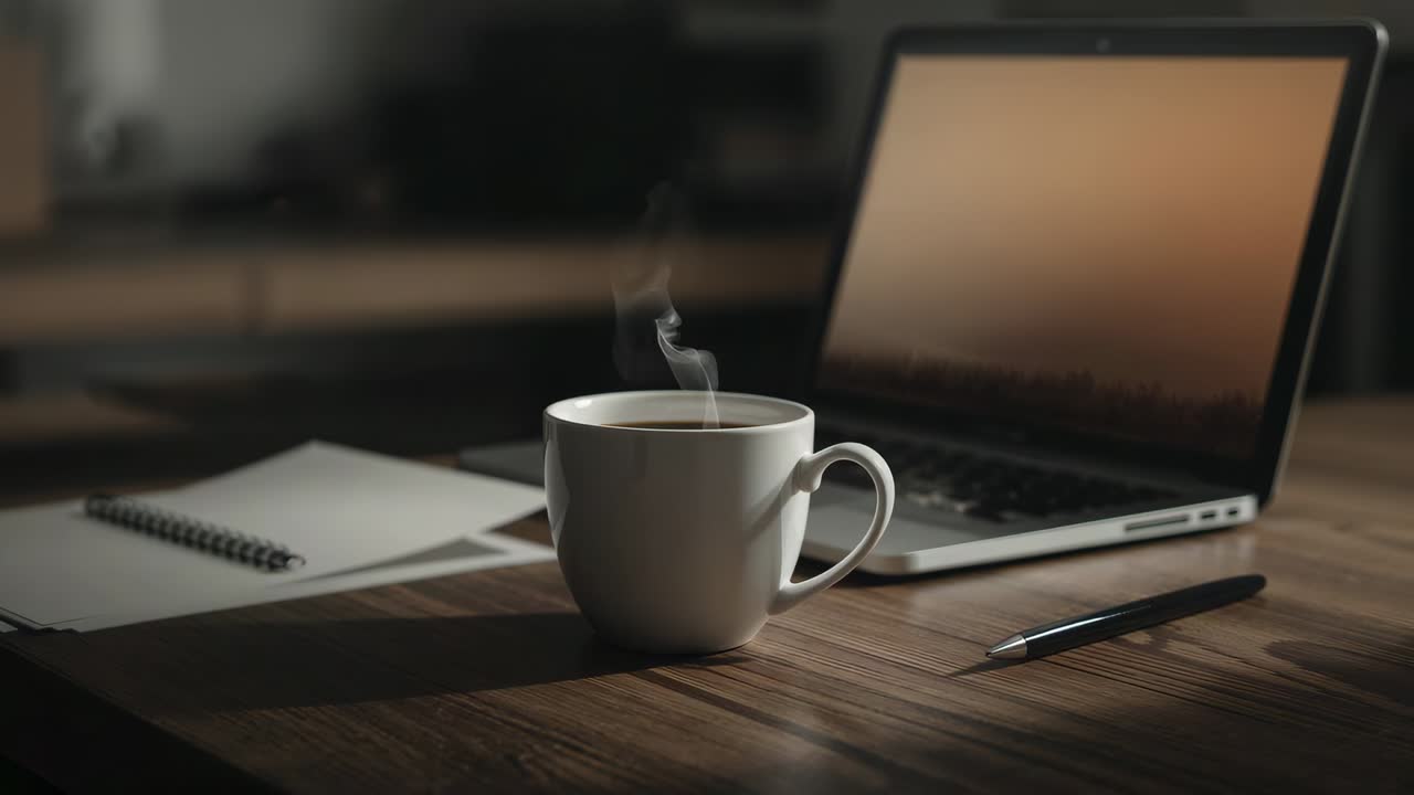 Caneca fumegante liberando vapor que se adensa e rareia de uma bebida quente sobre a mesa no escritório, com um laptop.