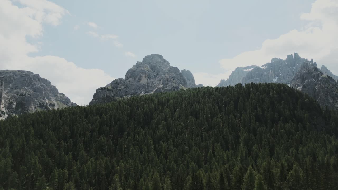 aeiral shot of trees and mountains of Dolomites,italy