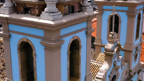 Aerial-view-of-a-top-of-a-church-close-to-Pelourinho,-Salvador,-Bahia,-Brazil