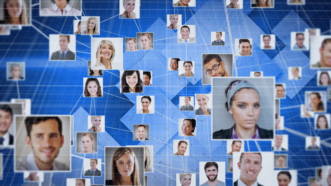 파란색 바탕에 여러 개의 사각형 모양에 대한 프로필 아이콘의 네트워크