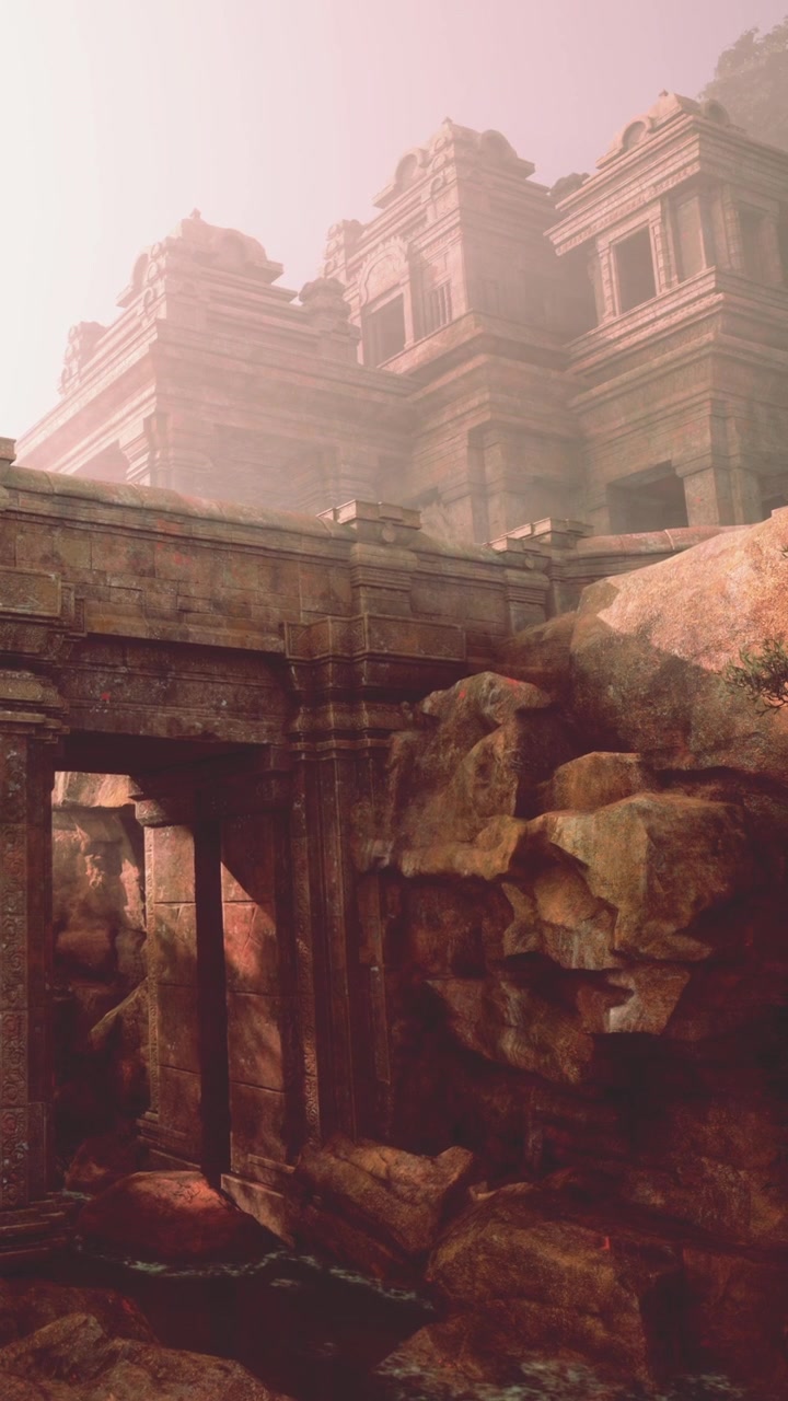 Ruinas misteriosas entre rocas y niebla en un paisaje antiguo
