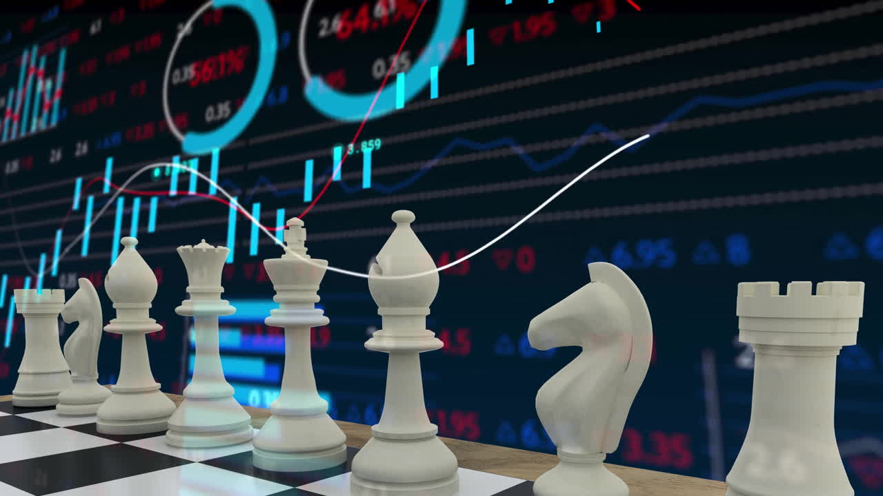 검은 바탕에 데이터 처리를 통해 색 체스 조각의 애니메이션