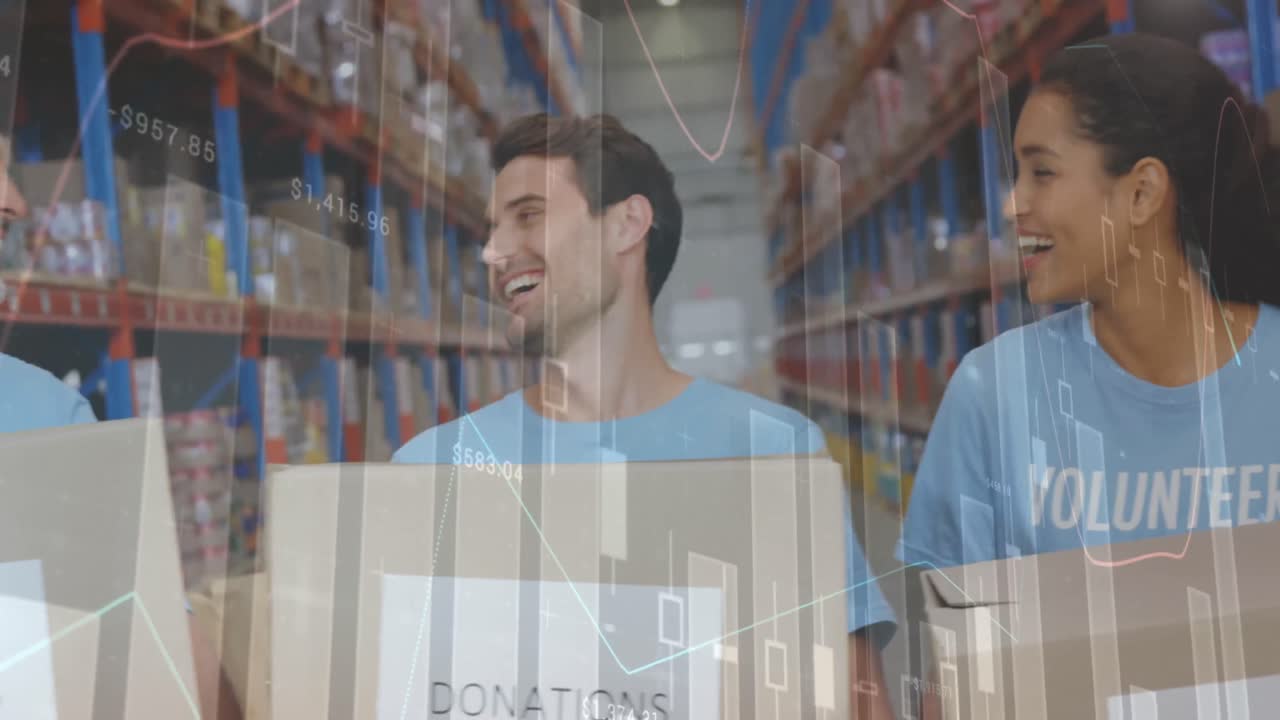 animación de estadísticas y procesamiento de datos sobre voluntarios sonrientes que trabajan en el almacén