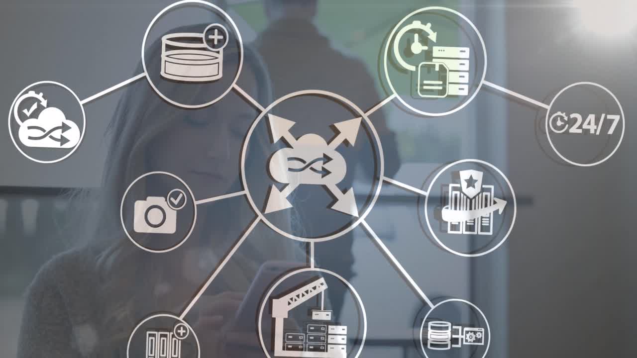 animación de la red de conexiones sobre las mujeres caucásicas que usan teléfonos inteligentes