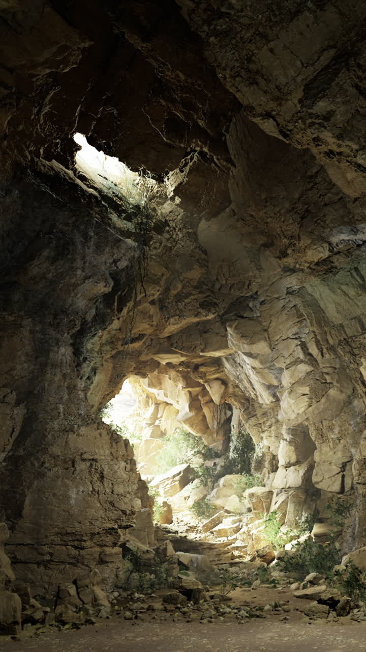All'interno di una grotta con luce naturale che illumina rocce e piante.