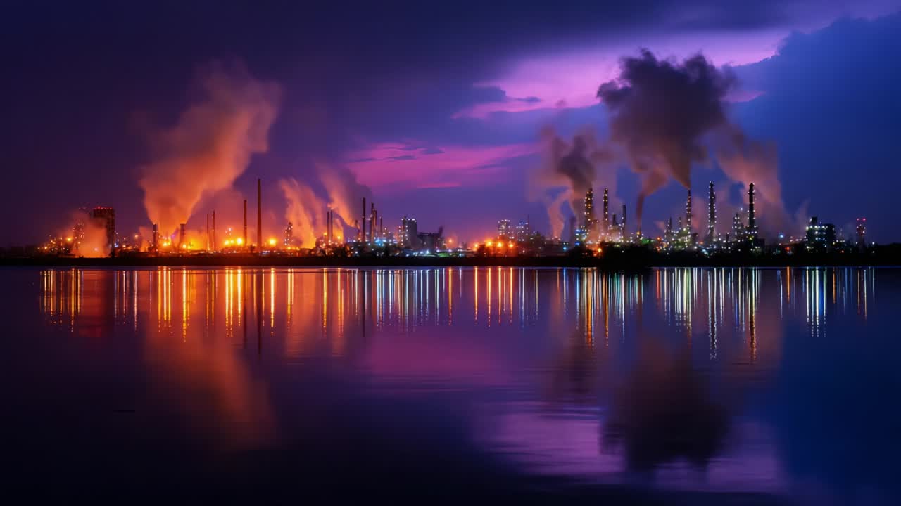 A stunning night scene captures the illuminated silhouettes of industrial smokestacks and factories by the water, surrounded by vibrant multi-colored skies reflecting off the calm surface of the lake