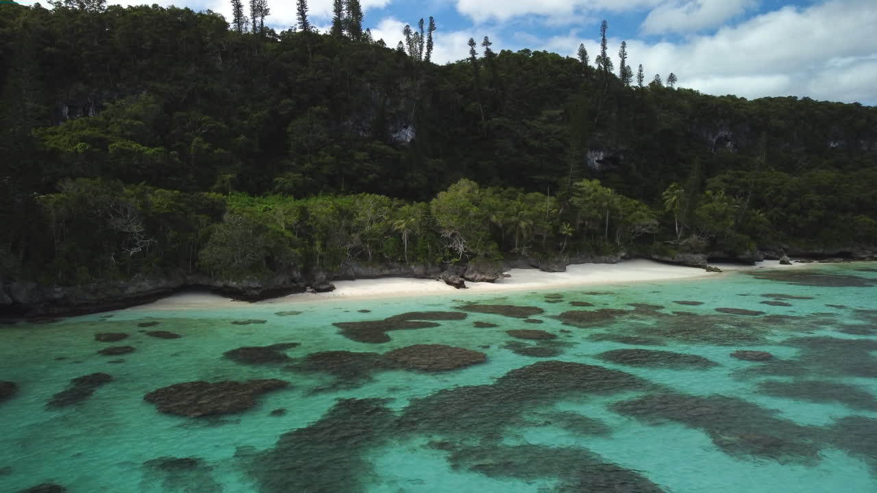 Aerial: beautiful secluded beach on Maré Island, Loyalty Islands New Caledonia