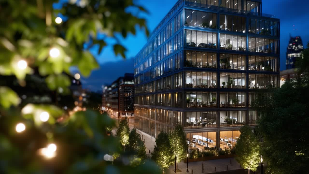 Un moderno edificio de oficinas iluminado al atardecer, que exhibe arquitectura de cristal y vegetación, combinando la vida urbana con un ambiente sereno en un paisaje urbano bullicioso.