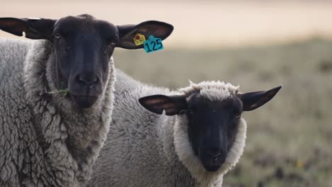 a close-up shot of the white wooly sheep with black heads grazing in the meadow