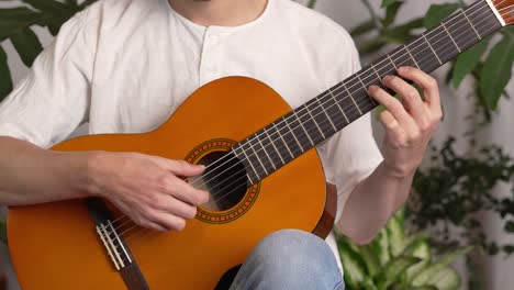 musician playing classical acoustic guitar using fingers on strings and fretboard