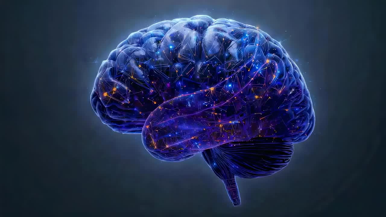 3D brain rotating shifting from blue to orange as timeline advancing on gray background with nodes