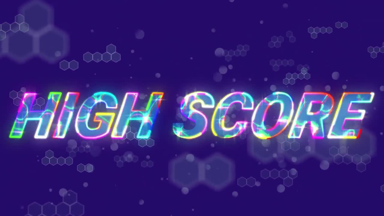 Animation af high score-tekst over bevægelige terninger på blå baggrund