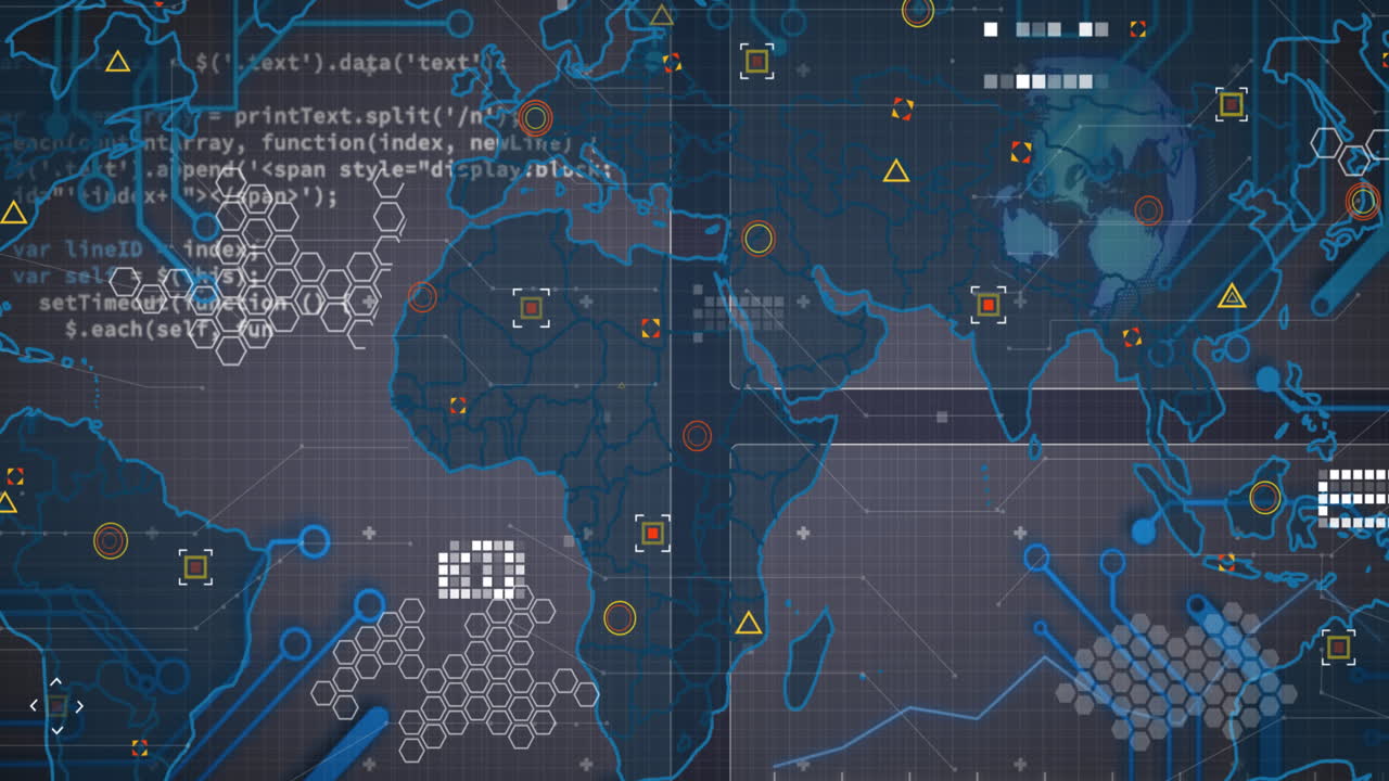 Animation of data processing over computer circuit board and world map