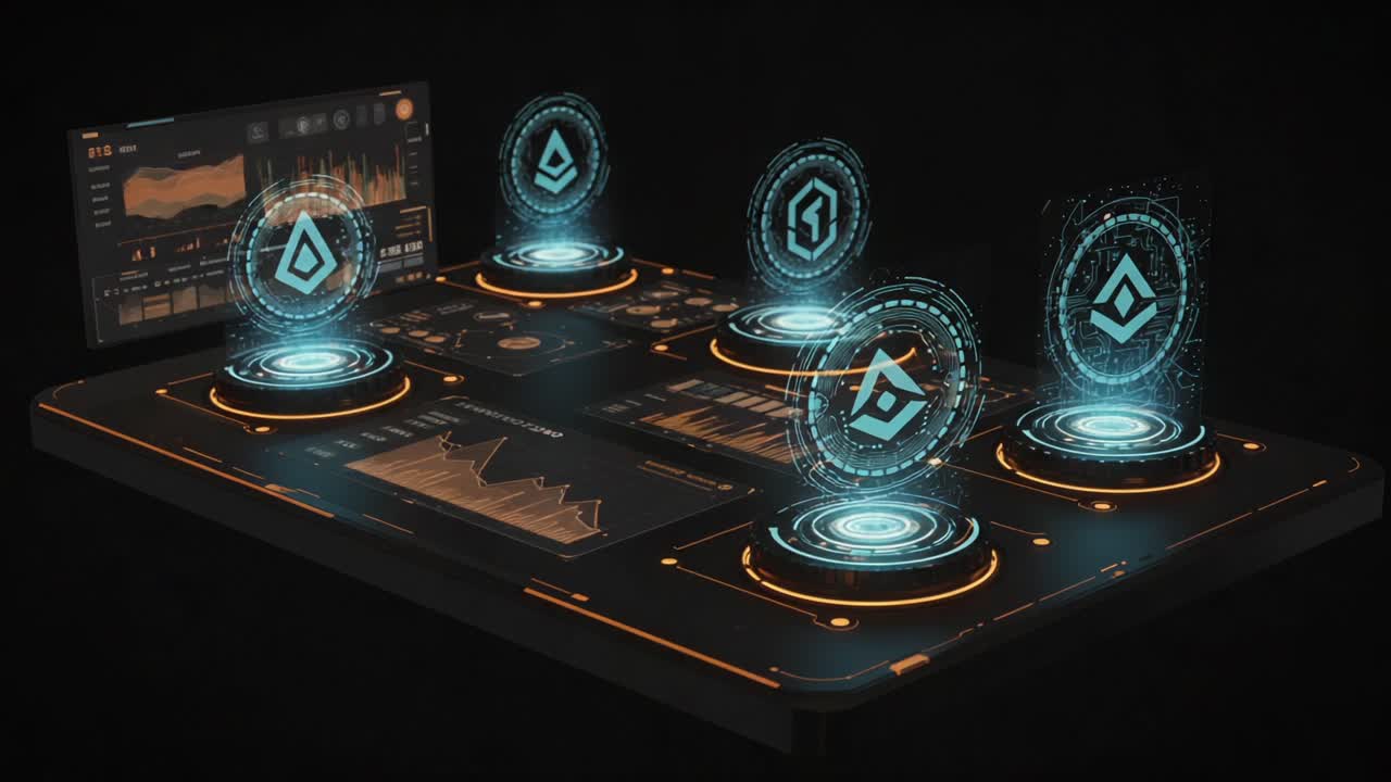Advanced Digital Interface Showcasing Various Cryptographic Tokens and Analytics on a Sleek Dark Dashboard with Holographic Elements