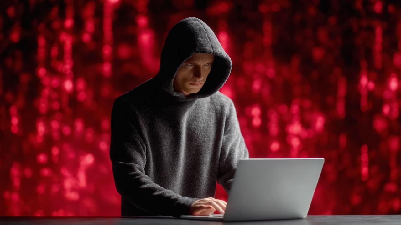 Mysterious Figure in Hooded Sweatshirt Engaged in Intense Coding Session Amidst Striking Red Background, Portraying a Sense of Secrecy and Digital Intrigue