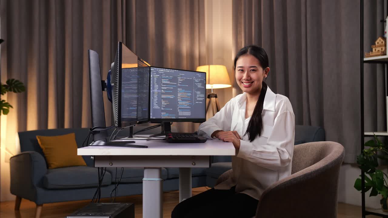 Asiatisk kvinnelig programmerer smiler til kameraet mens hun utvikler programvare, apper, programmer og videospill på en stasjonær datamaskin hjemme. Terminal med kodespråk.