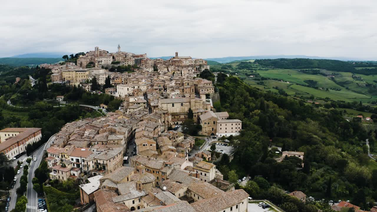 Drone shot of Montepulciano, Tuscany in Italy's countryside