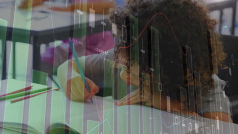 animación de procesamiento de datos financieros sobre un escolar afroamericano escribiendo en un cuaderno