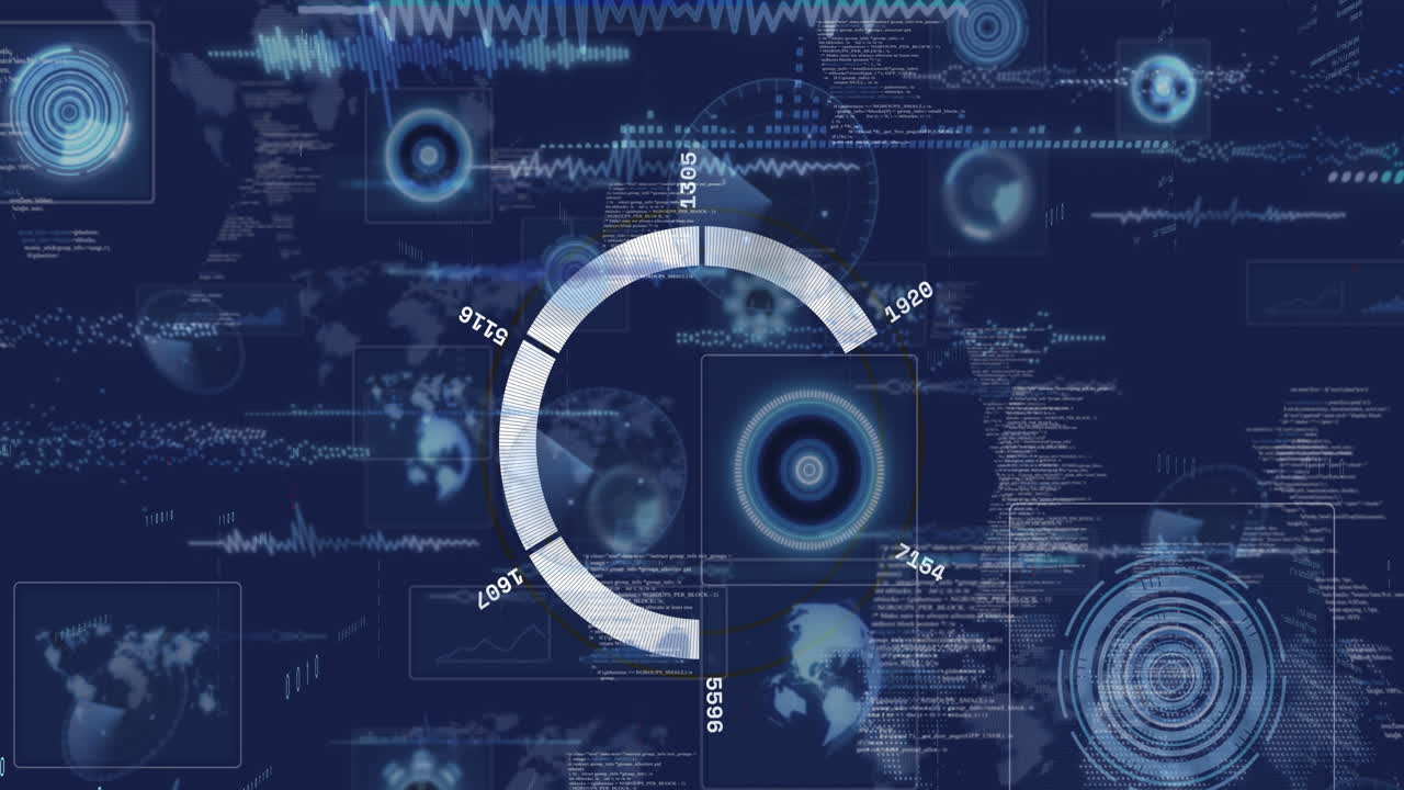 Digital data processing animation with circular graphs and numerical indicators