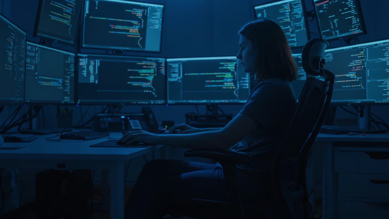 Focused Programmer Deeply Engaged in Coding Tasks Surrounded by Multiple Computer Monitors Displaying Complex Lines of Code in a Dimly Lit Environment