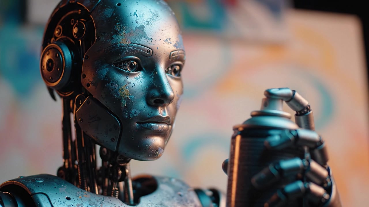A futuristic robot artist with a spray can, poised to create mesmerizing art that blurs the lines between technology and creativity, showcasing metallic beauty in action.