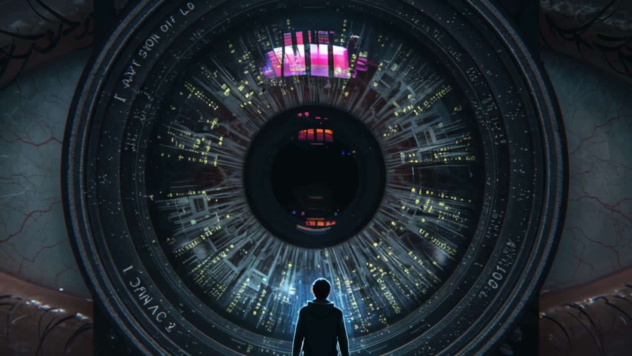 Exploring a futuristic cityscape as a figure stands in front of a massive eye-like structure in a digital realm