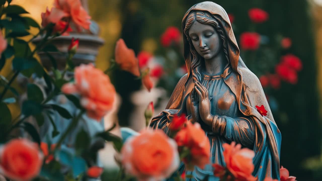 Bronze statue of Virgin Mary praying with her hands joined together, surrounded by red roses in a garden with a blurred background and a stone monument