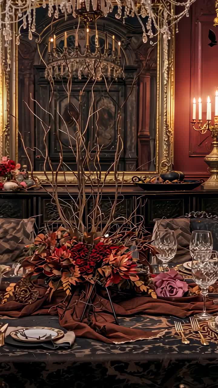 Vertical video: Showing table display showcasing autumn flowers in dining hall, with glassware