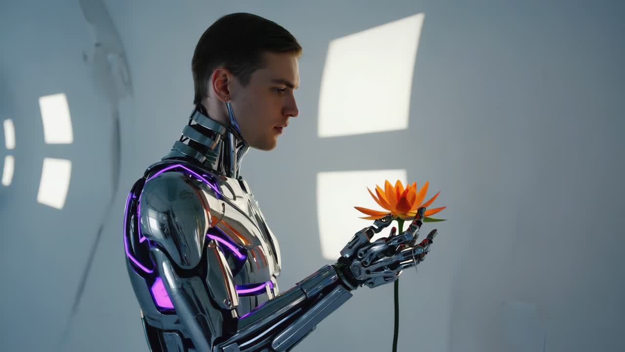 Cyborg holding a futuristic flower